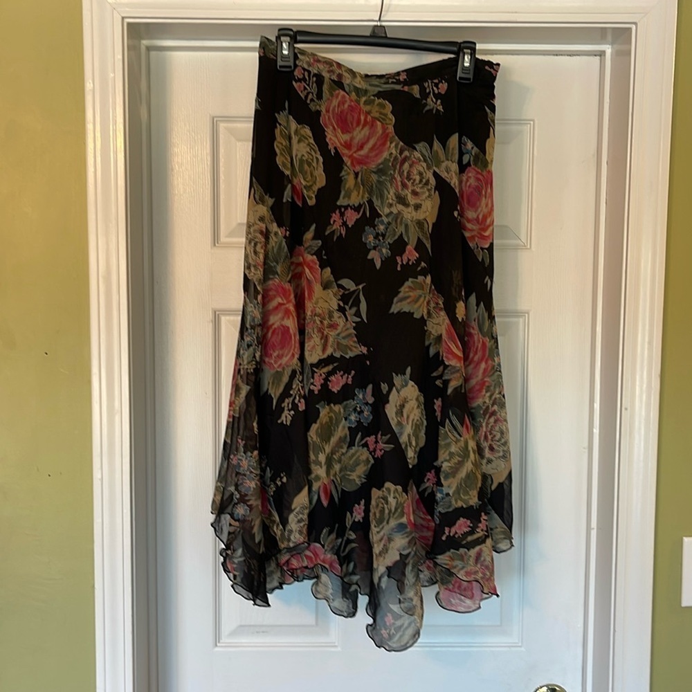 Soft Surroundings - floral midi skirt - black & pink romantic - size PM